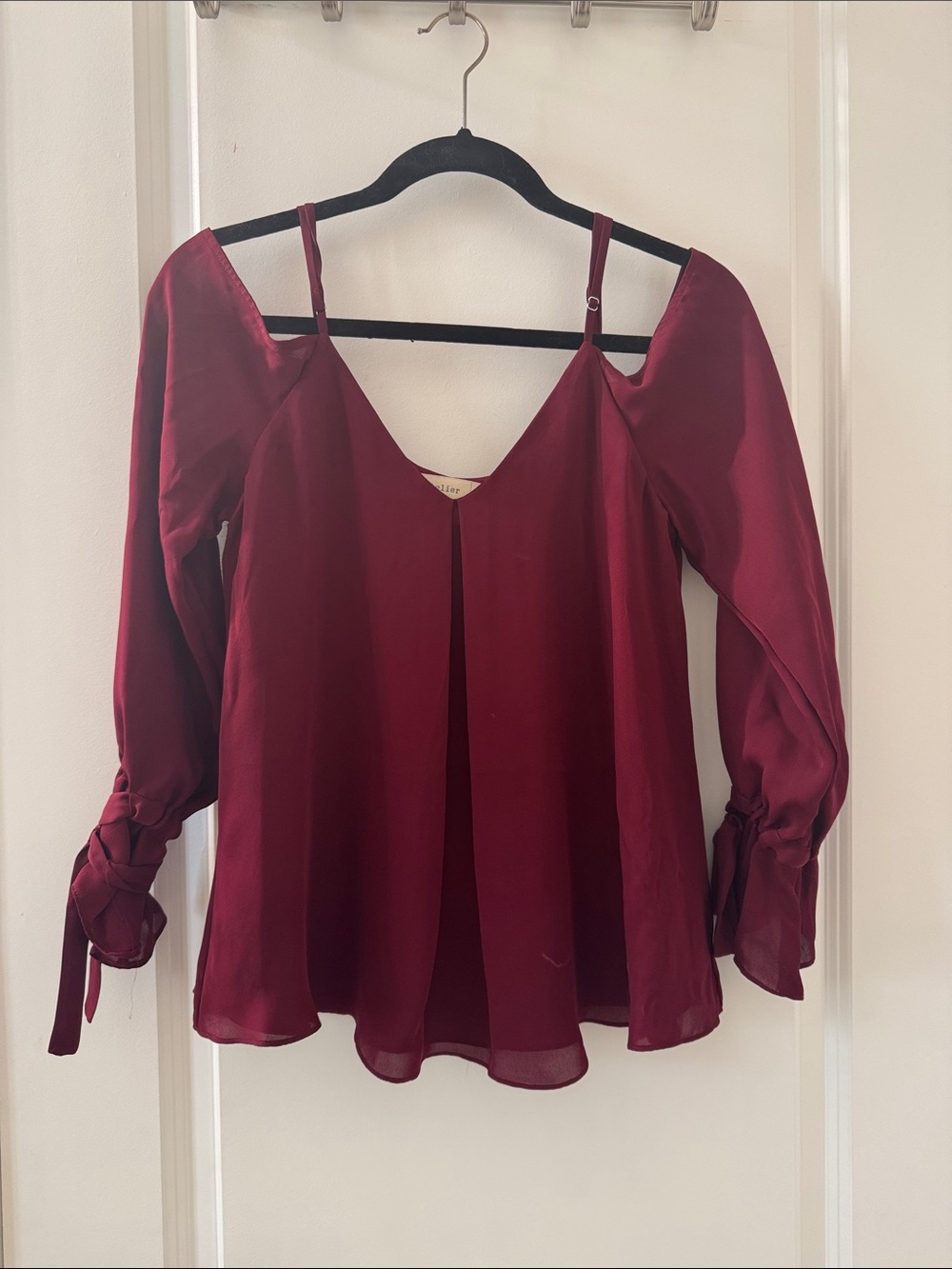 Cold-Shoulder Burgundy Blouse with Tie Cuffs